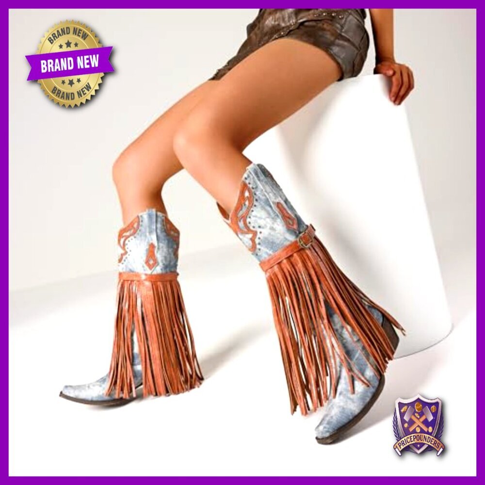 Western Booties Pointed Toe Chunky Heel Embroidered Fringe Pull-On Mid Calf - Picture 3 of 7